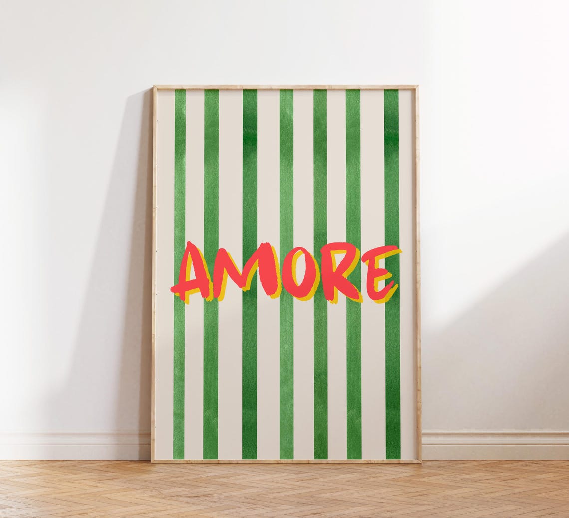Amore Green Striped Retro Italian Typography Love Wall Poster - Image 4