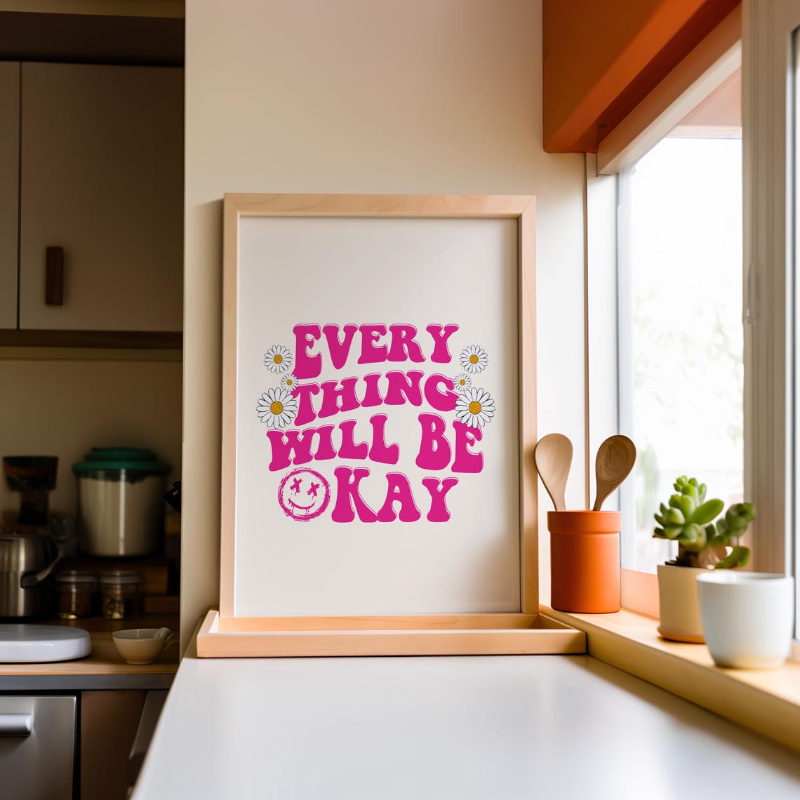 Everything Will Be Okay Cute Pink Retro Daisy Smiley Face Poster - Image 3
