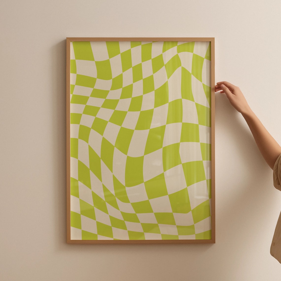 Wavy Lime Green Checkerboard Pattern Bold Retro Groovy Art Poster