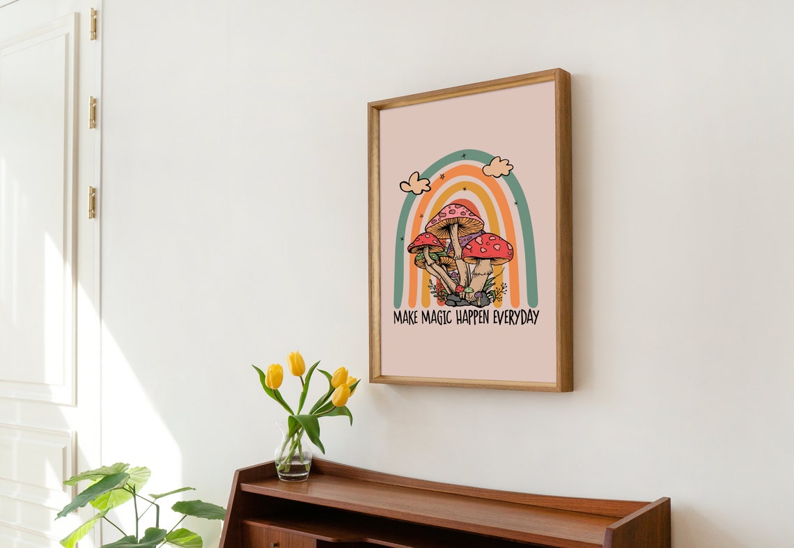 Make Magic Happen Everyday Mushroom Rainbow Retro Quote Poster - Image 2