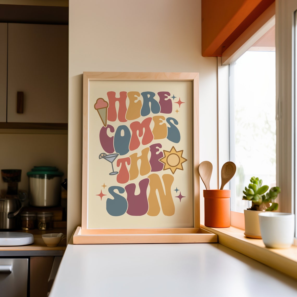 Here Comes The Sun Groovy Summer Retro Typography Art Poster - Image 2
