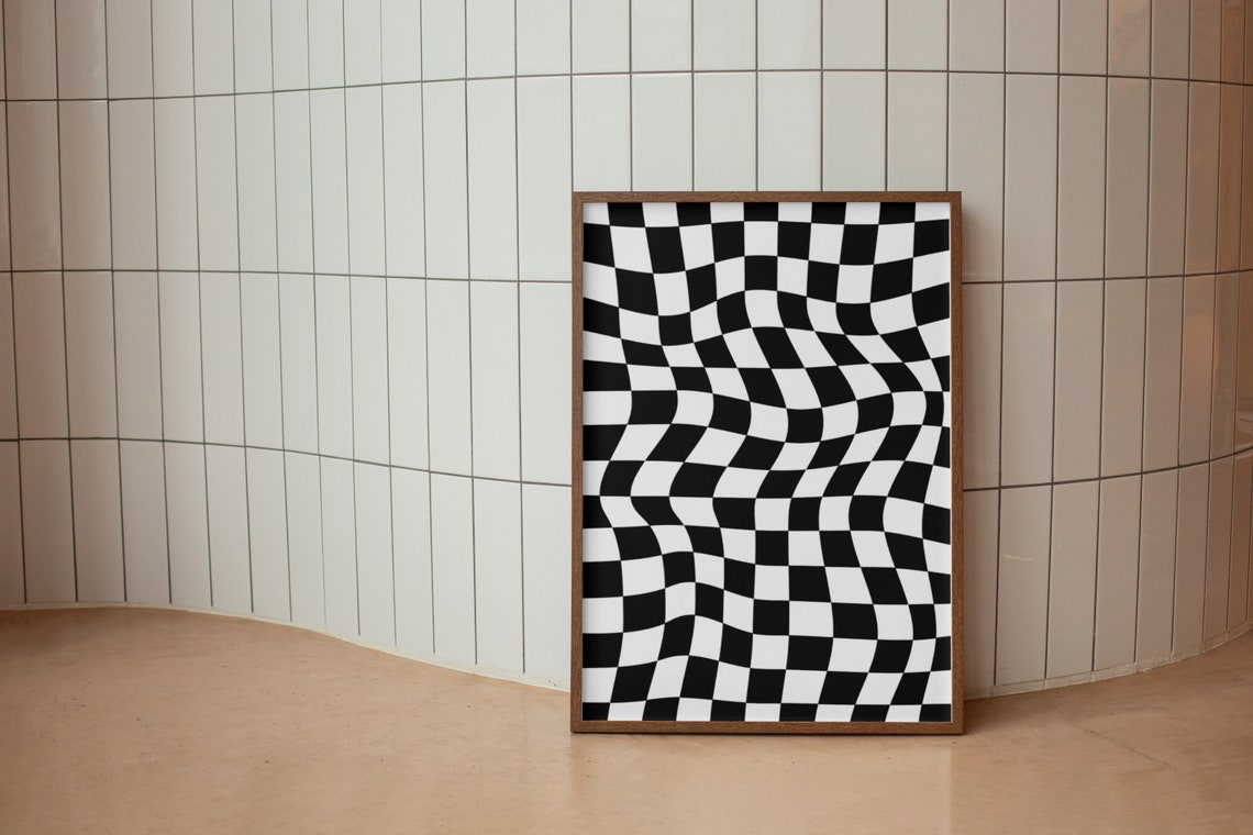 Wavy Black White Checkerboard Pattern Bold Retro Optical Poster - Image 3