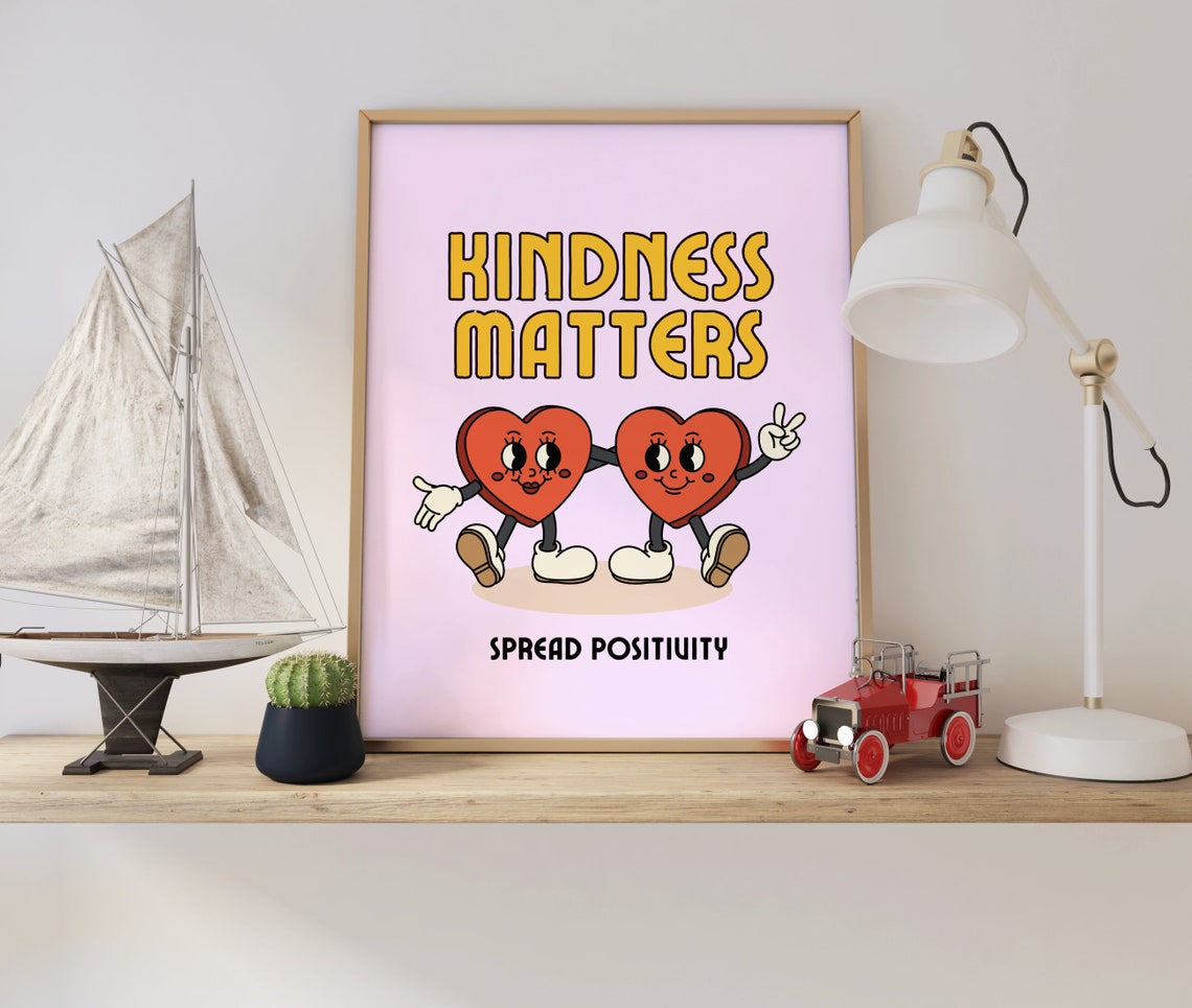 Kindness Matters Retro Cartoon Hearts Positivity Quote Poster - Image 2