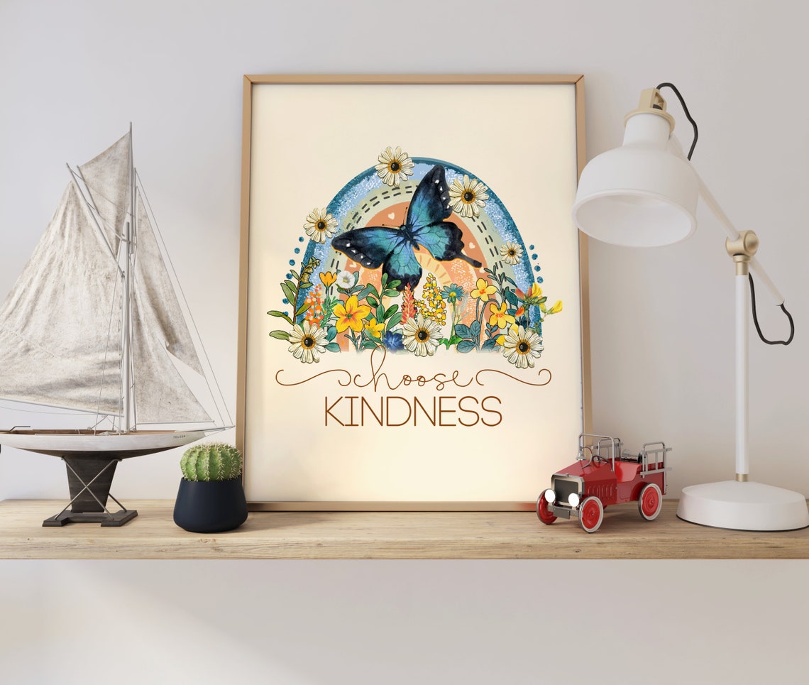 Choose Kindness Rainbow Butterfly Floral Boho Quote Wall Art - Image 2