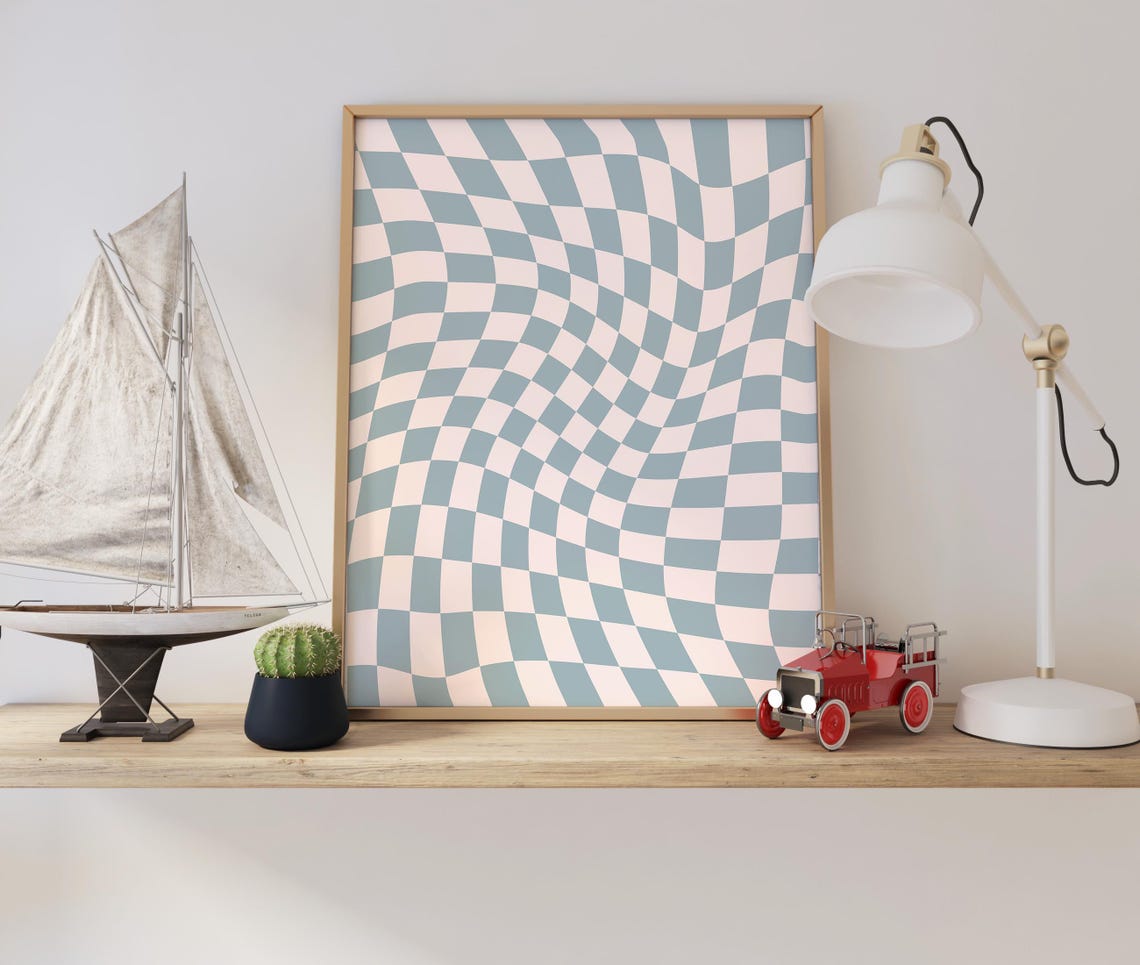 Wavy Checkerboard Pattern Pastel Blue Pink Retro Abstract Poster - Image 2