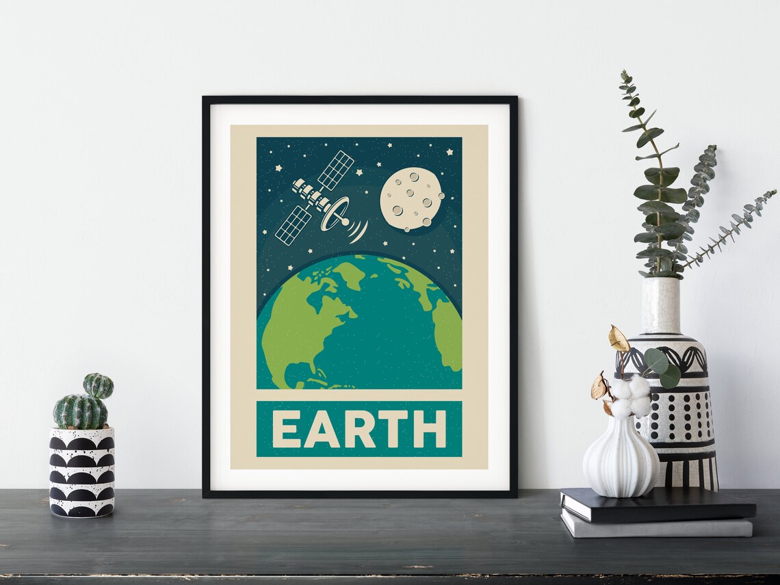 Retro Space Earth, Satellite Moon Poster Print - Image 3