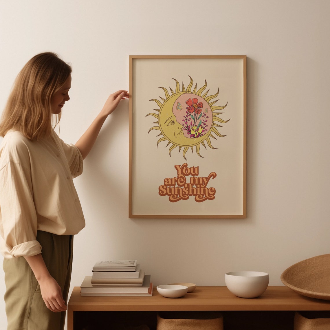 You Are My Sunshine Celestial Sun Moon Floral Retro Boho Poster - Image 3