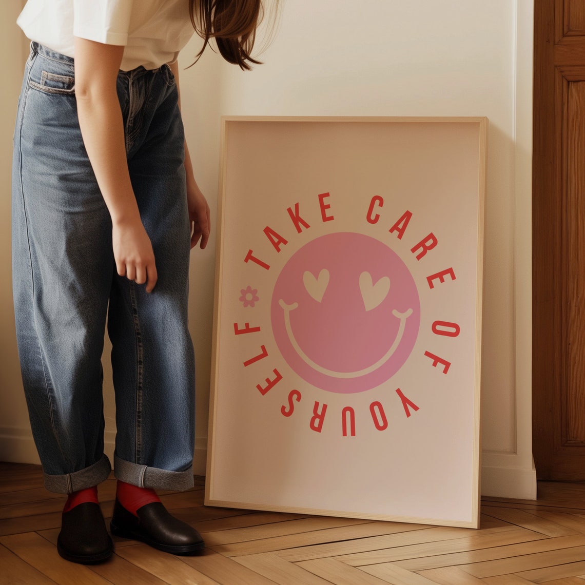 Take Care Of Yourself Pink Smiley Heart Eyes Retro Circle Poster - Image 2