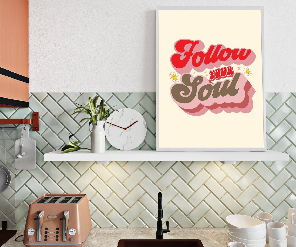 Follow Your Soul Retro Groovy 70s Quote Flower Smiley Wall Poster - Image 2