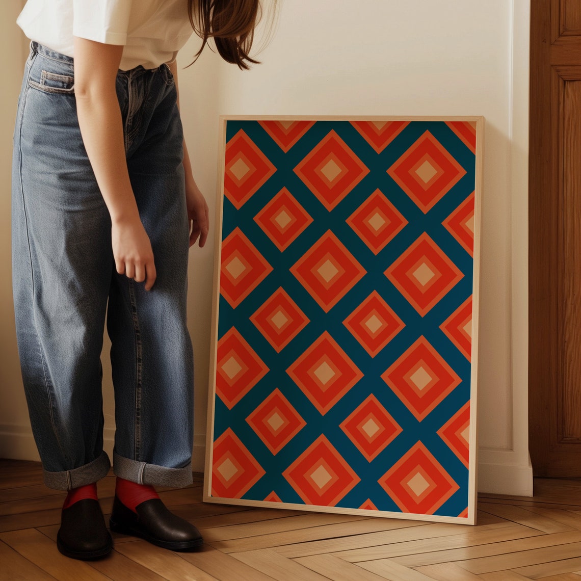Bold Retro 70s Geometric Diamond Pattern Orange Blue Decor Poster - Image 3