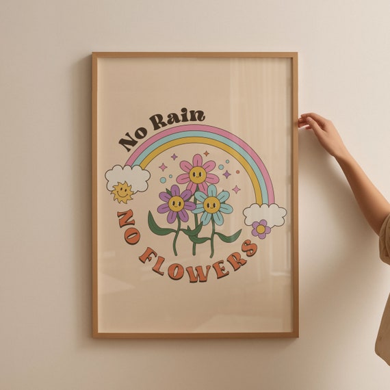 No Rain No Rainbow Print Cute Retro Wall Art Inspirational Print Retro Poster Print Hippie Wall Decor Wall Art Prints