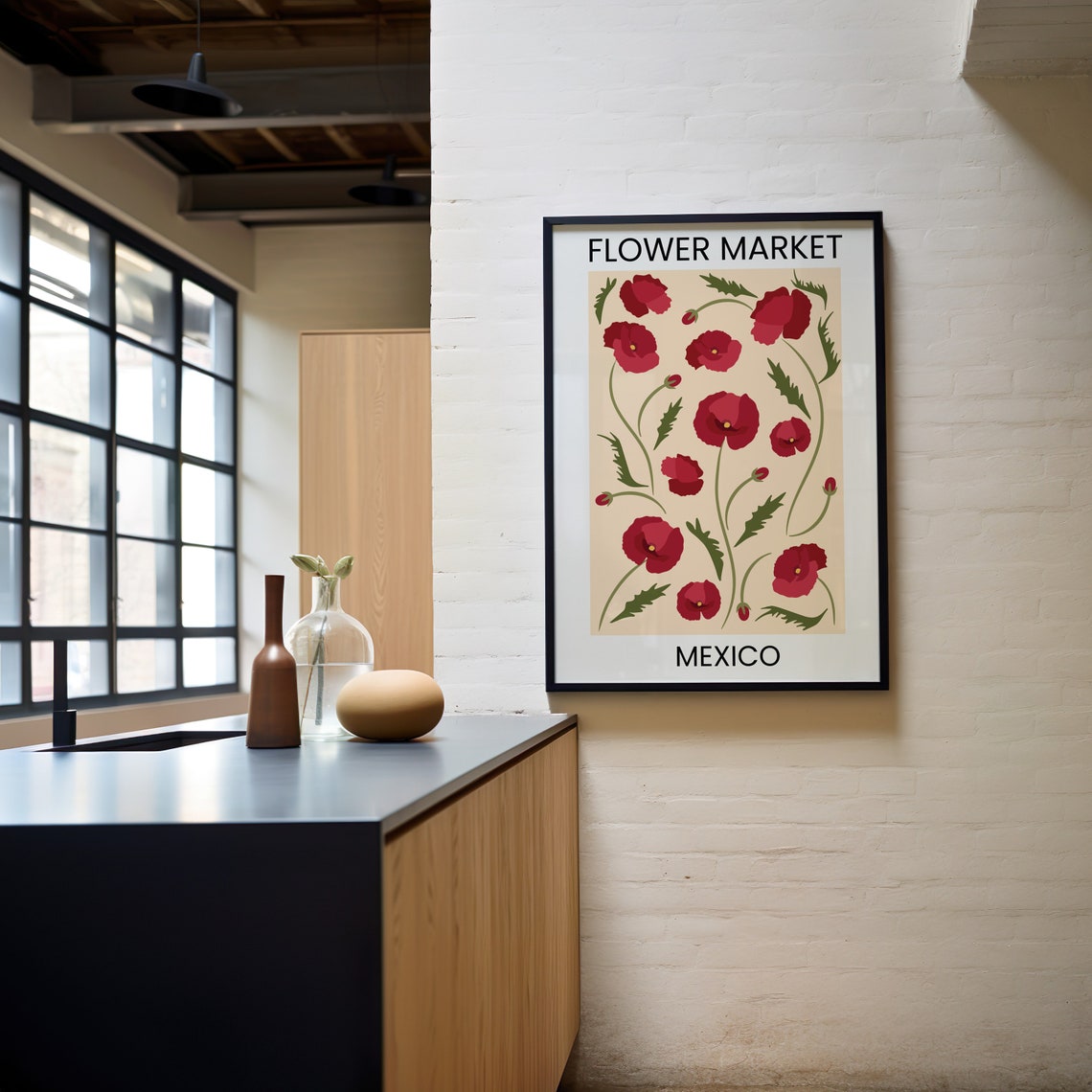 Flower Market Mexico Red Poppy Botanical Travel Art Wall Poster - Image 4