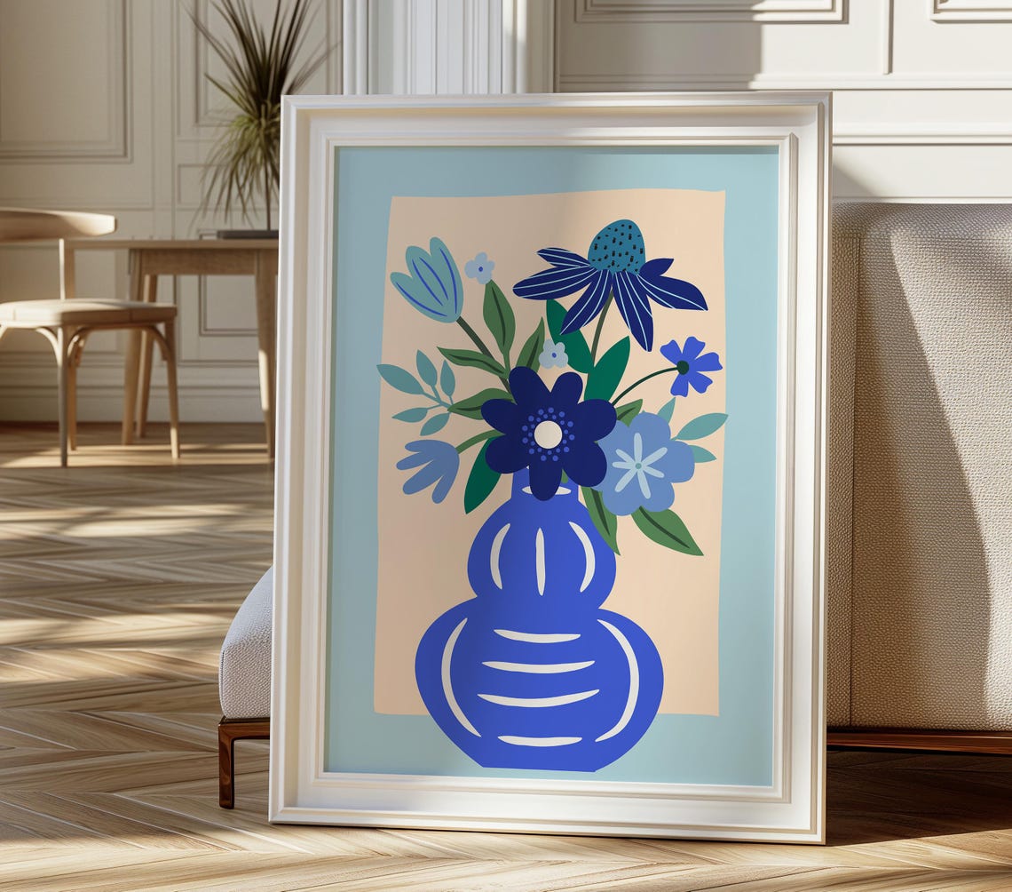 Blue Vase Wildflower Bouquet Mid Century Modern Botanical Art Print - Image 2