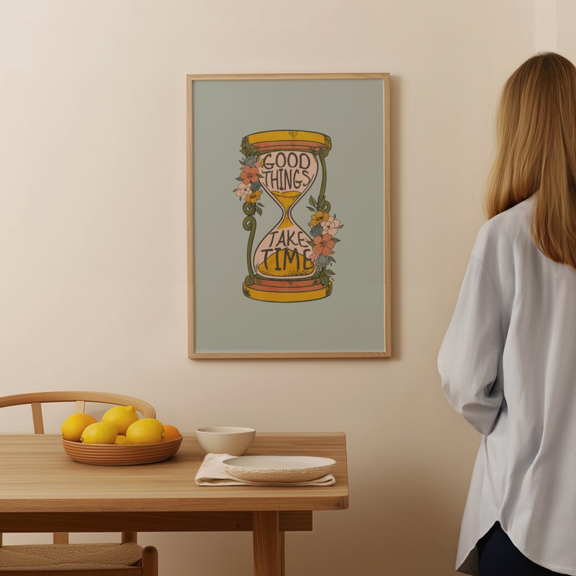 Good Things Take Time Vintage Hourglass Floral Retro Quote Poster - Image 3