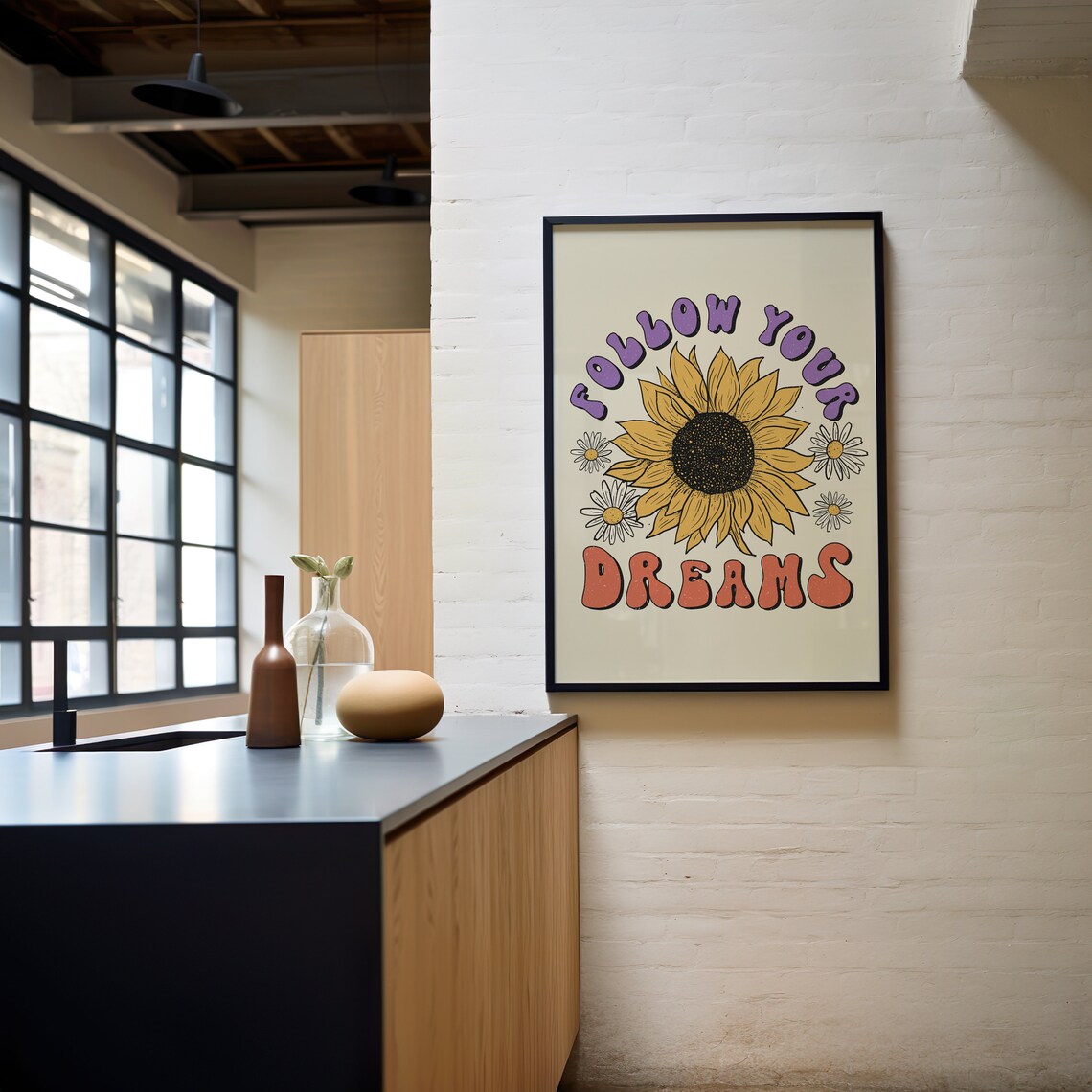 Sunflower Retro Art Print, Hippie Wall Decor - Image 3