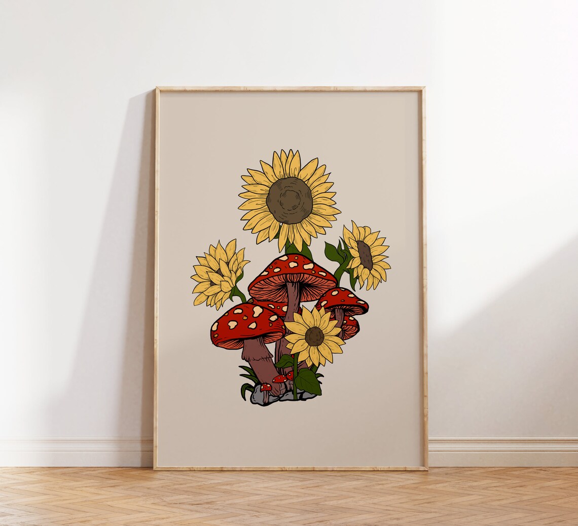 Sunflower Mushroom Retro Art Print, Hippie Decor