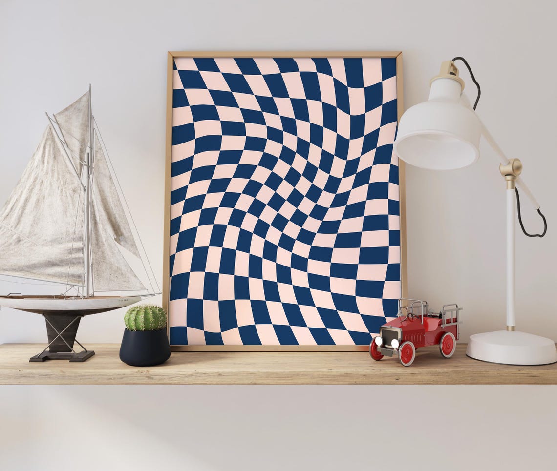 Wavy Checkerboard Pattern Navy Blue Blush Retro Abstract Poster - Image 3