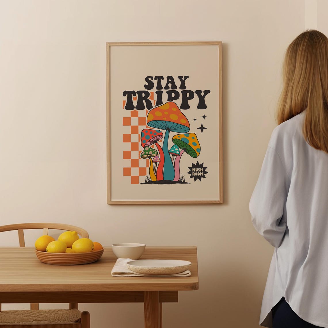 Stay Trippy Funny Retro Mushroom Checkered Psychedelic Art Poster - Image 4