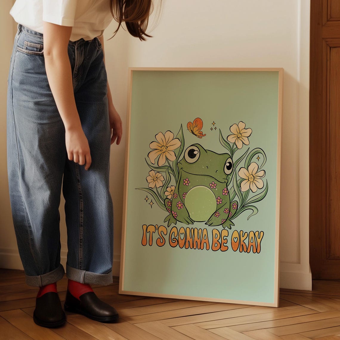 It's Gonna Be Okay Cute Frog Flowers Retro Mint Encouragement Poster - Image 2