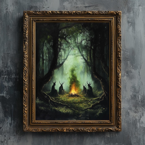 Forest Horned Witches Magic Fire Art Print