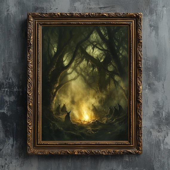Creepy Forest Witches Ritual Fire Art Print, Vintage
