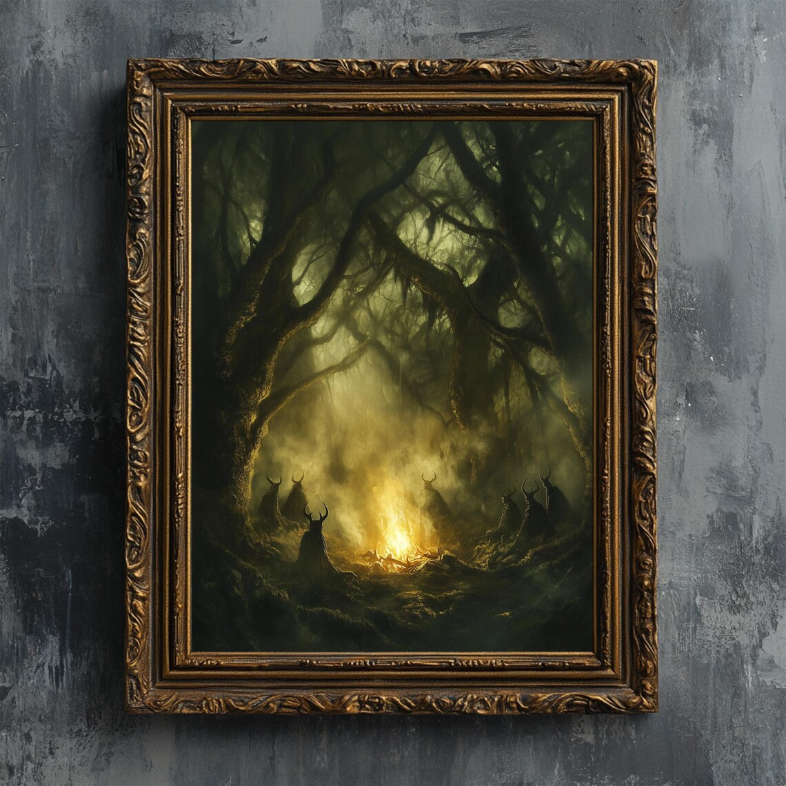 Creepy Forest Witches Ritual Fire Art Print, Vintage