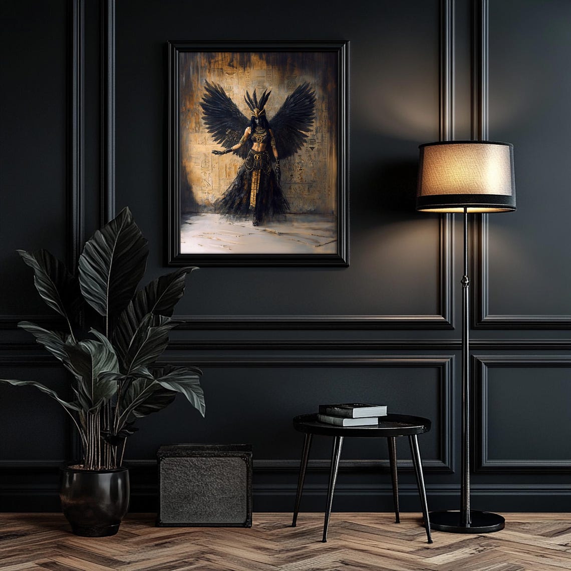 Maat Egyptian Goddess Black Winged Gold Ancient Oil Art Print - Image 3