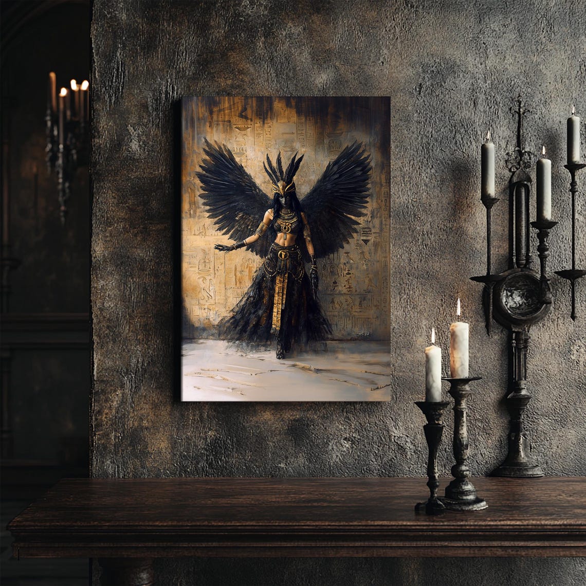 Maat Egyptian Goddess Black Winged Gold Ancient Oil Art Print - Image 5