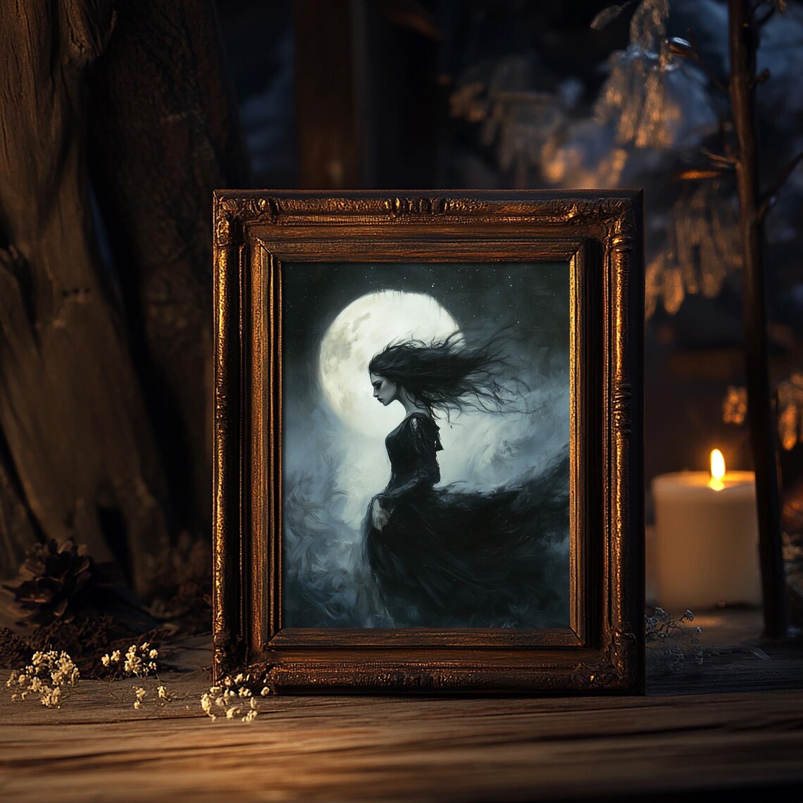 Nyx Goddess Of The Night Full Moon Dark Fantasy Oil Art Print - Image 6