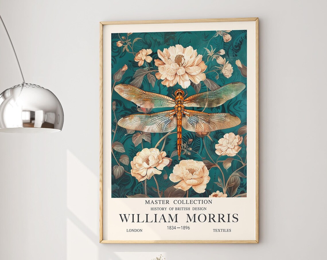 William Morris Dragonfly Green Peonies British Design Poster