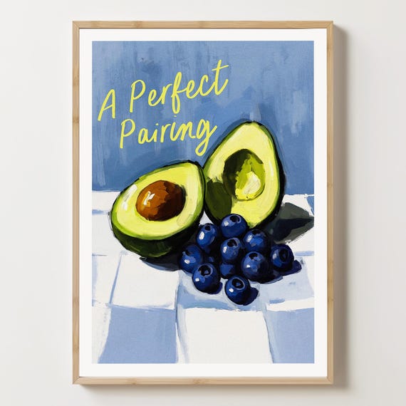 Avocado Poster Fruit Wall Art Print Blueberry Kitchen Decor Food Illustration Housewarming Gifts