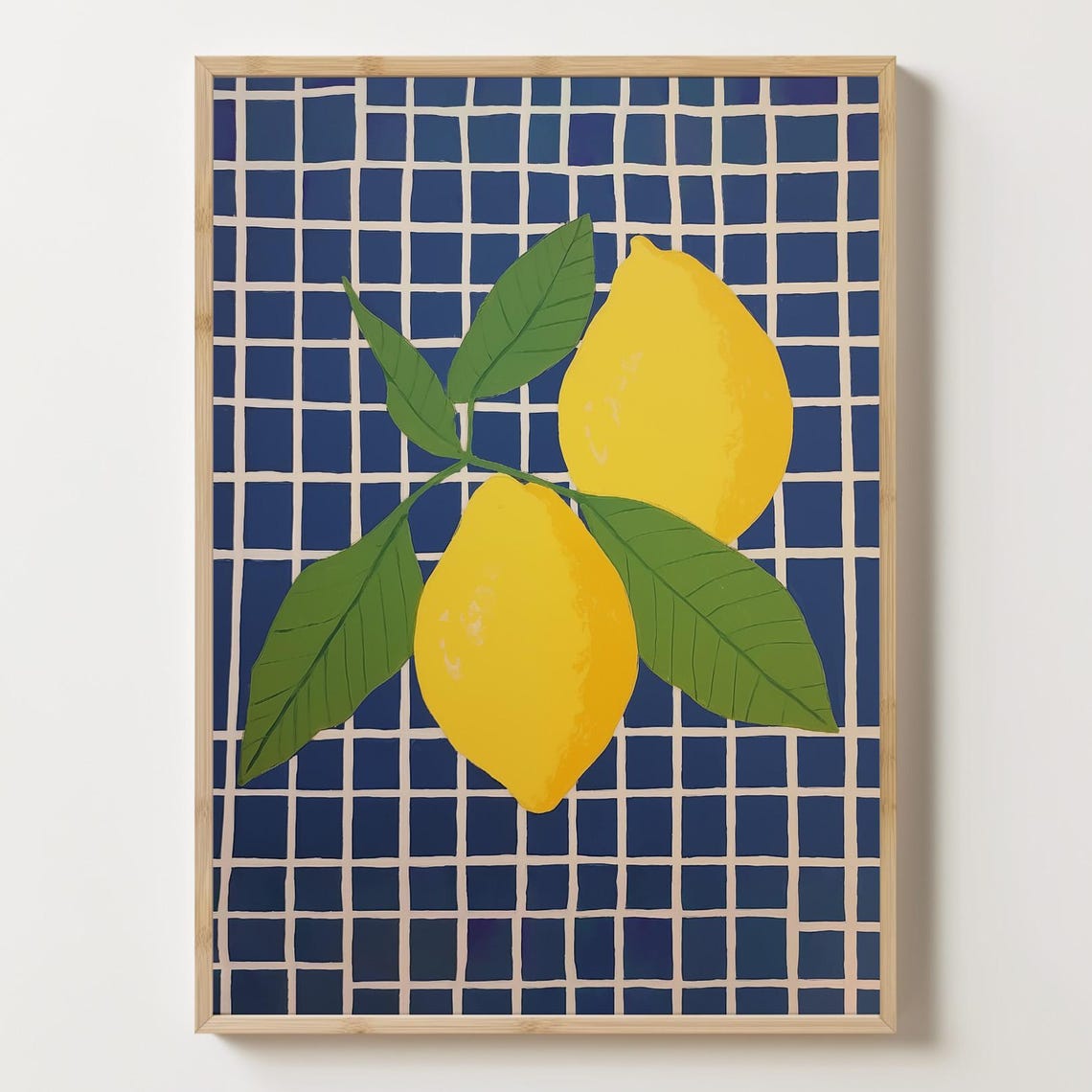 Fresh Lemon Branch On A Navy Tile Grid Modern Citrus Fruit Poster