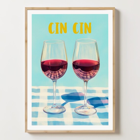 Cin Cin Red Wine Glasses Turquoise Retro Italian Kitchen Art Poster