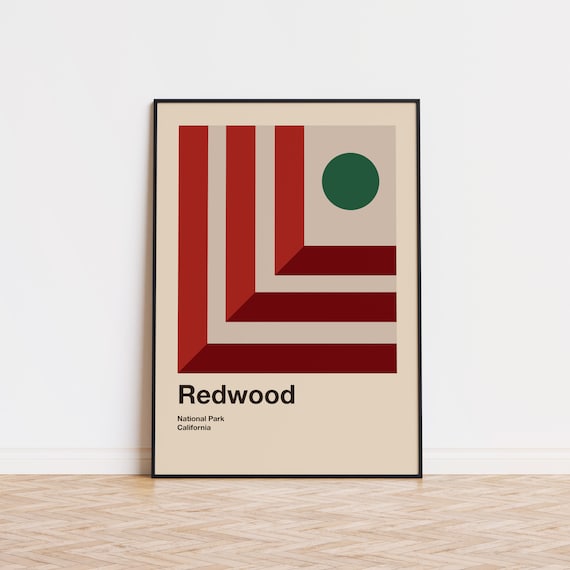 Redwood National Park California Mid Century Geometric Abstract Travel Poster