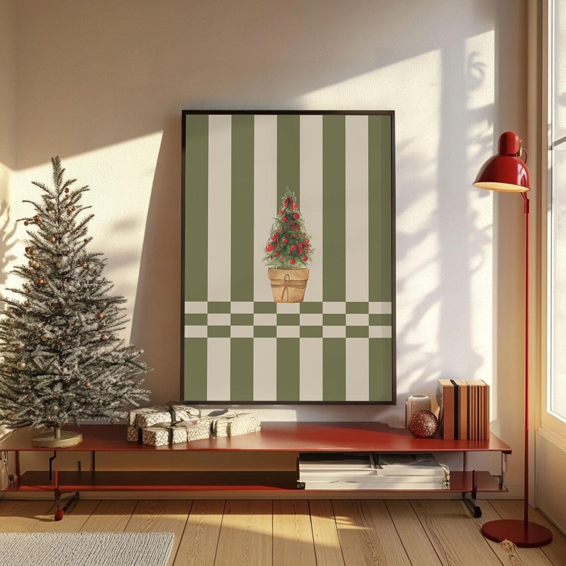Olive Green Striped Potted Christmas Tree Retro Holiday Wall Art - Image 4