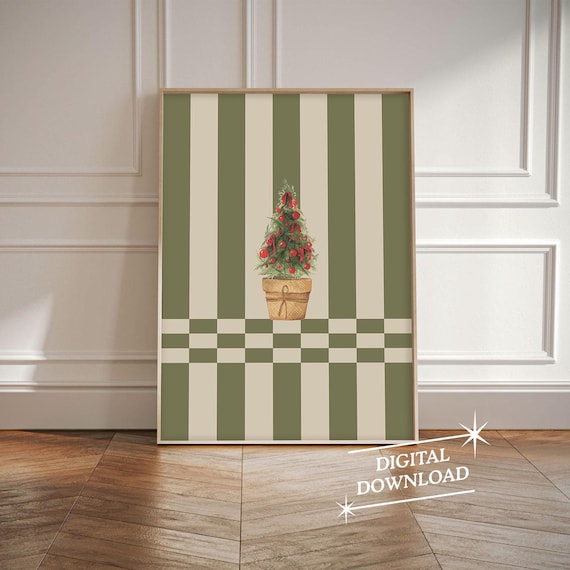 Olive Green Striped Potted Christmas Tree Retro Holiday Wall Art