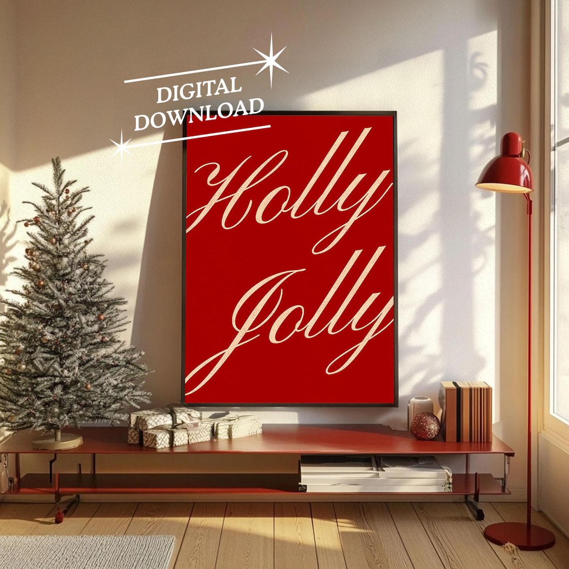 Holly Jolly Red Script Vintage Christmas Typography Quote Poster
