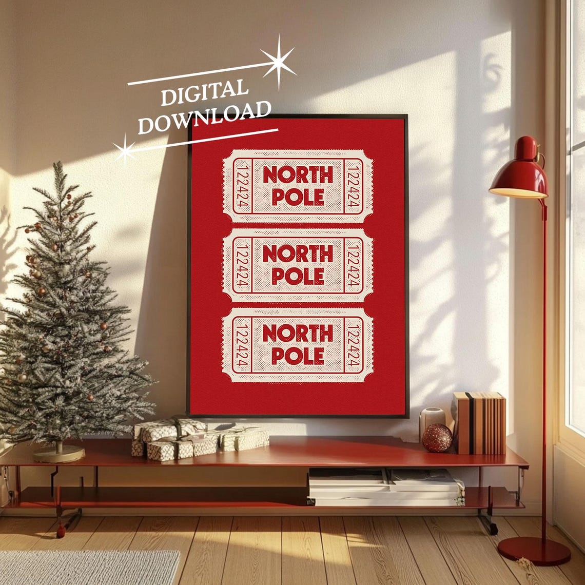 North Pole Retro Christmas Ticket Stub Red Vintage Holiday Poster