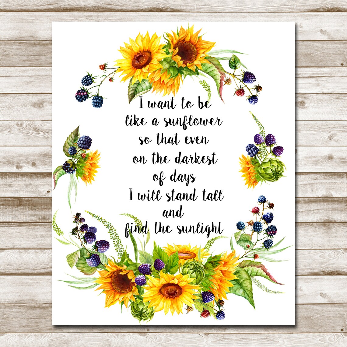 I Want To Be A Sunflower Quote 5x7 8x10 11x14 16x20 Print Sunflower Wreath Summer Berries Inspirational Quote Sign Sunflower Decor - Image 4