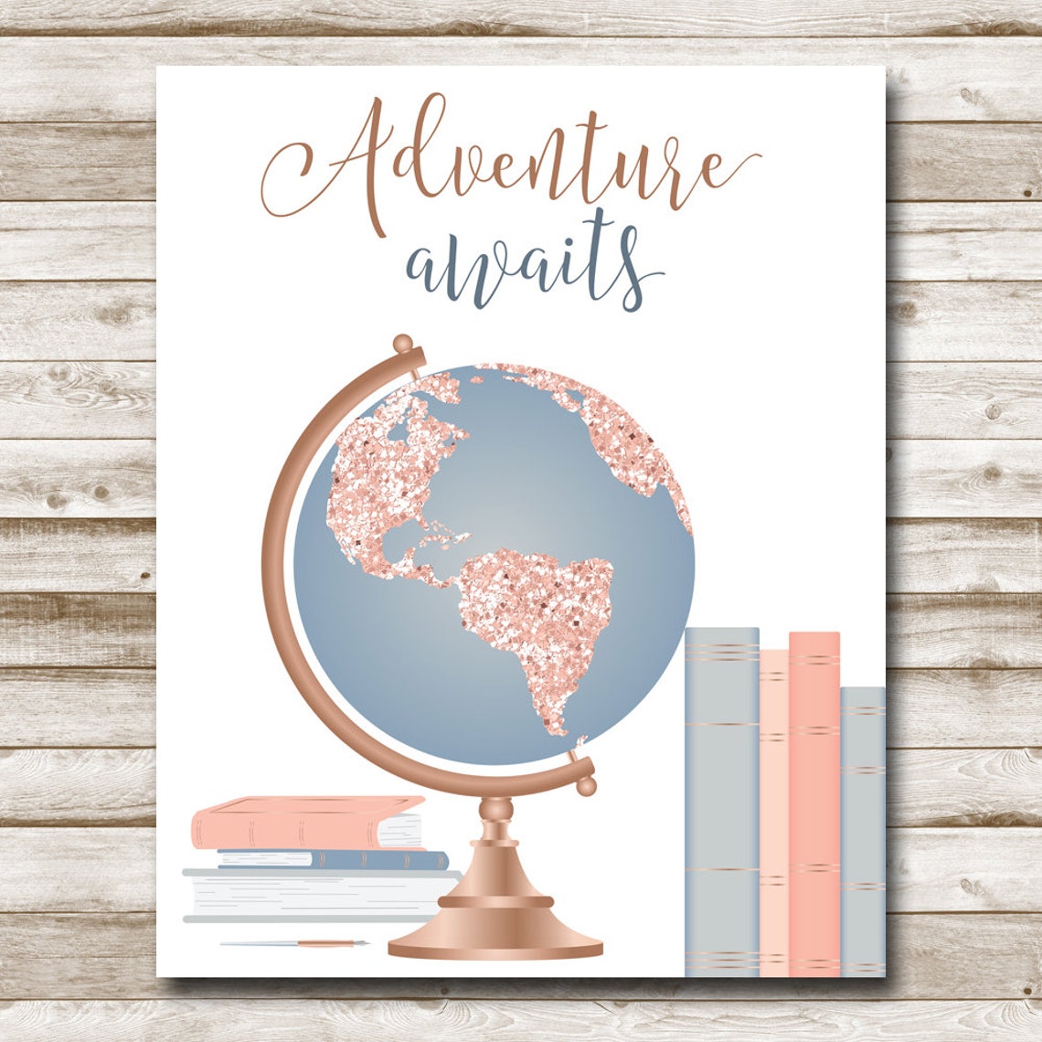 Adventure Awaits Rose Gold Glitter Globe Travel Teen Room Wall Art - Image 3
