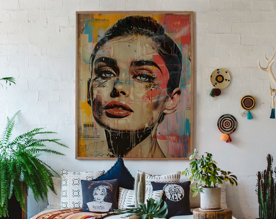 Urban Graffiti Woman Face Poster With Mixed Media Paint Drips