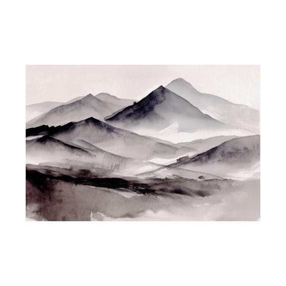Japanese Ink Wash Mountain Landscape, Minimalist Zen Decor