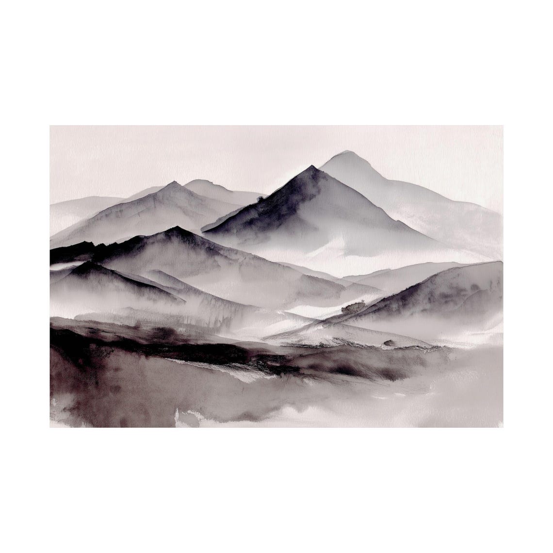 Japanese Ink Wash Mountain Landscape, Minimalist Zen Decor