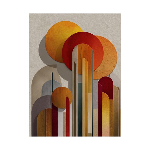 Mid Century Geometric Abstract Sun And Arches, Art Print