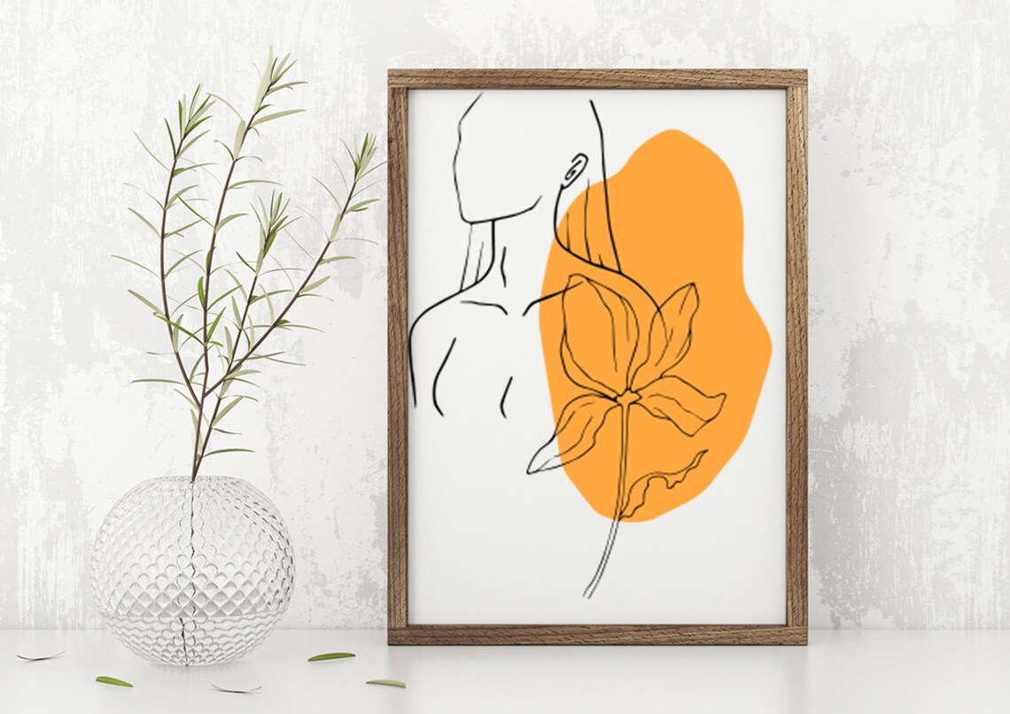Feminine Line Portrait with Orange Abstract Flower Detail Wall Poster - Image 5