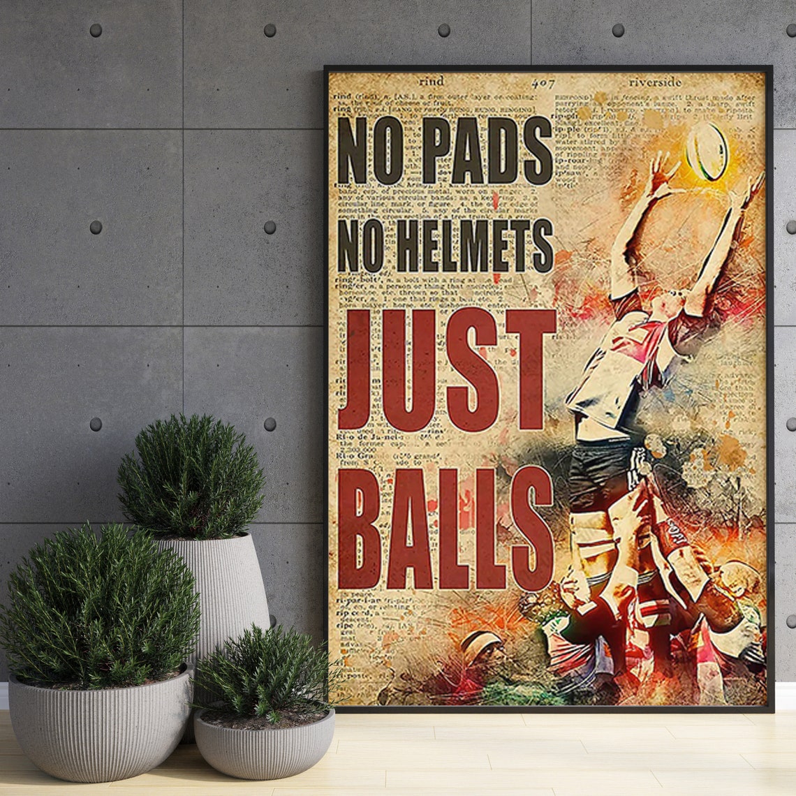 No Pads No Helmets Just Balls Rugby Player Catching Vintage Poster - Image 3