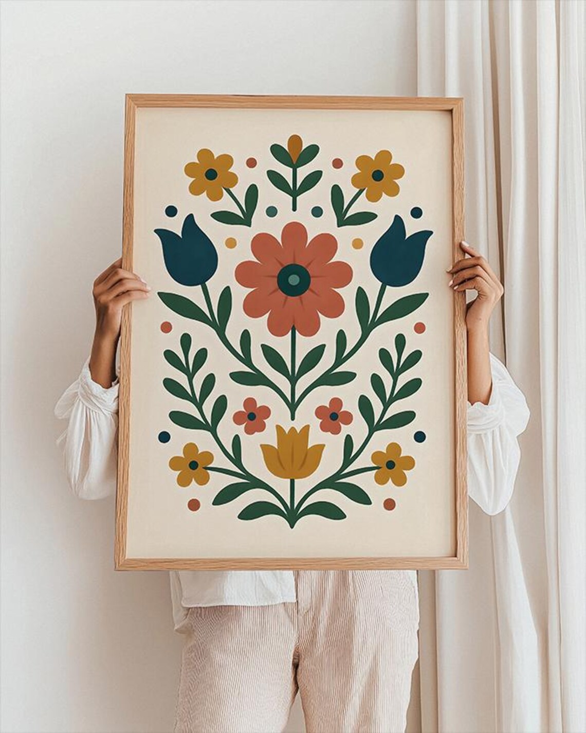Scandinavian Folk Art Flowers in Mustard and Terracotta Floral Poster