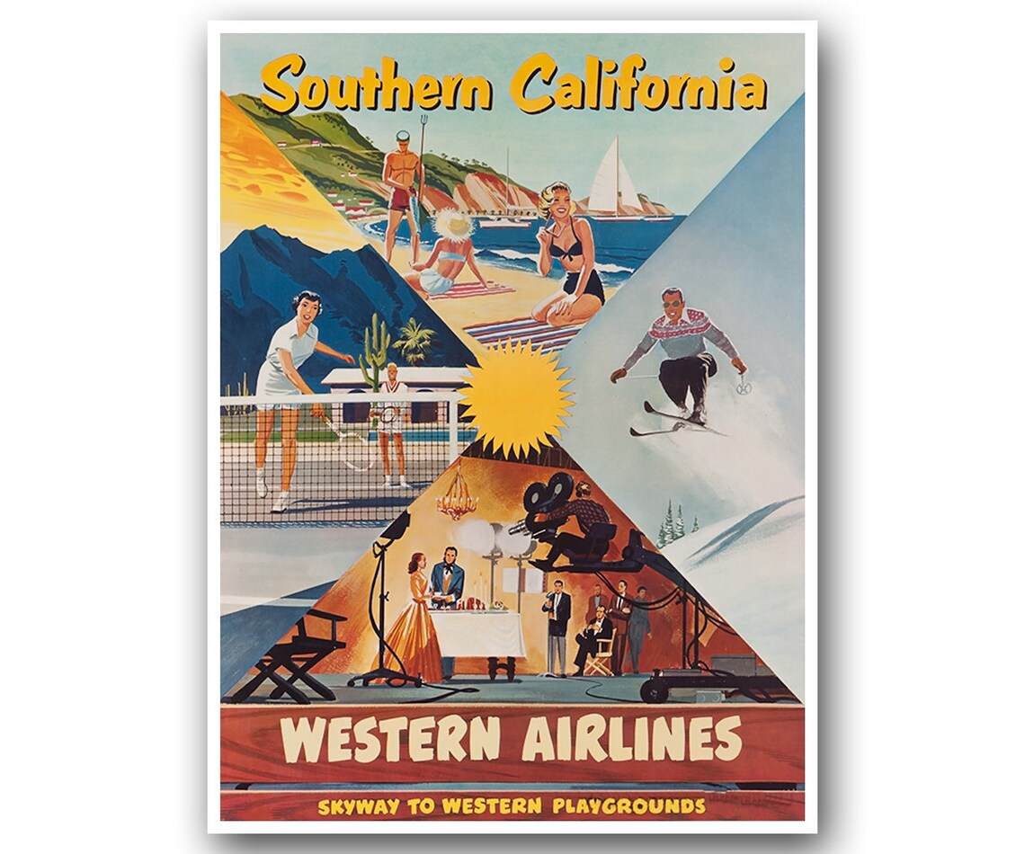 Western Airlines Southern California Skyway Vintage Travel Poster