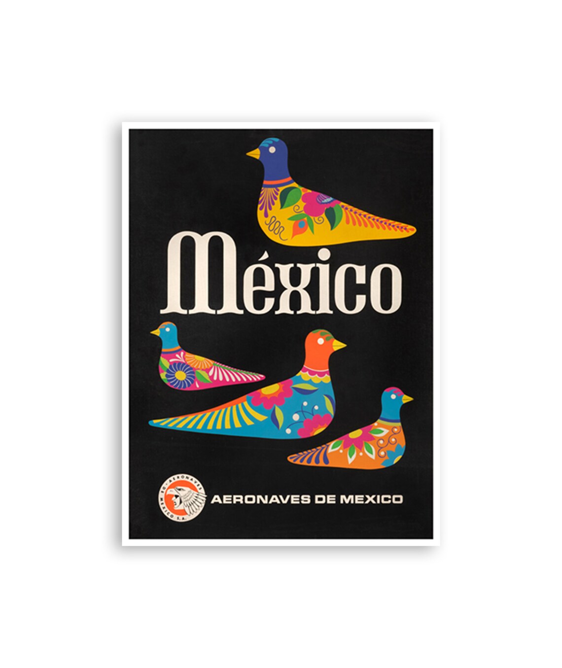 Mexico Vintage Aerovias de Mexico Folk Bird Art Travel Poster