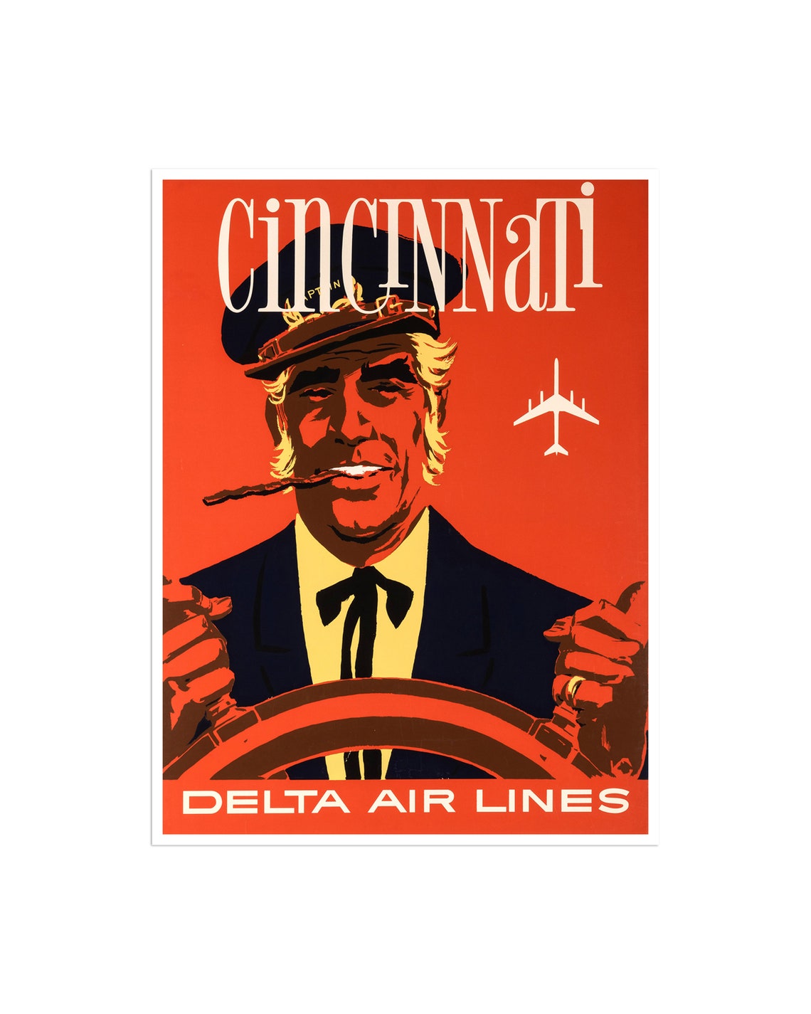 Cincinnati Delta Air Lines Vintage Poster with Riverboat Captain